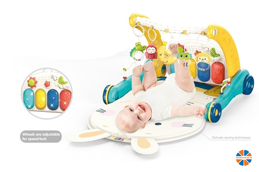 oyunoyuncak.tr - VARDEM PİYANOLU 2 İN 1 BEBEK YÜRÜTECİ VE TAVŞAN DESENLİ MAVİ OYUN HALISI